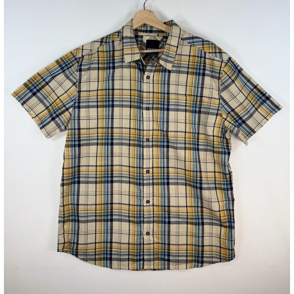 Prana Mens Button Up Shirt Yellow Plaid Organic Cotton Short Sleeve Size XL